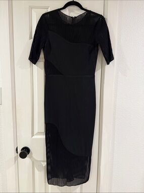 Haney Black Midi Dress with Pleated Sheer Panels Size 6